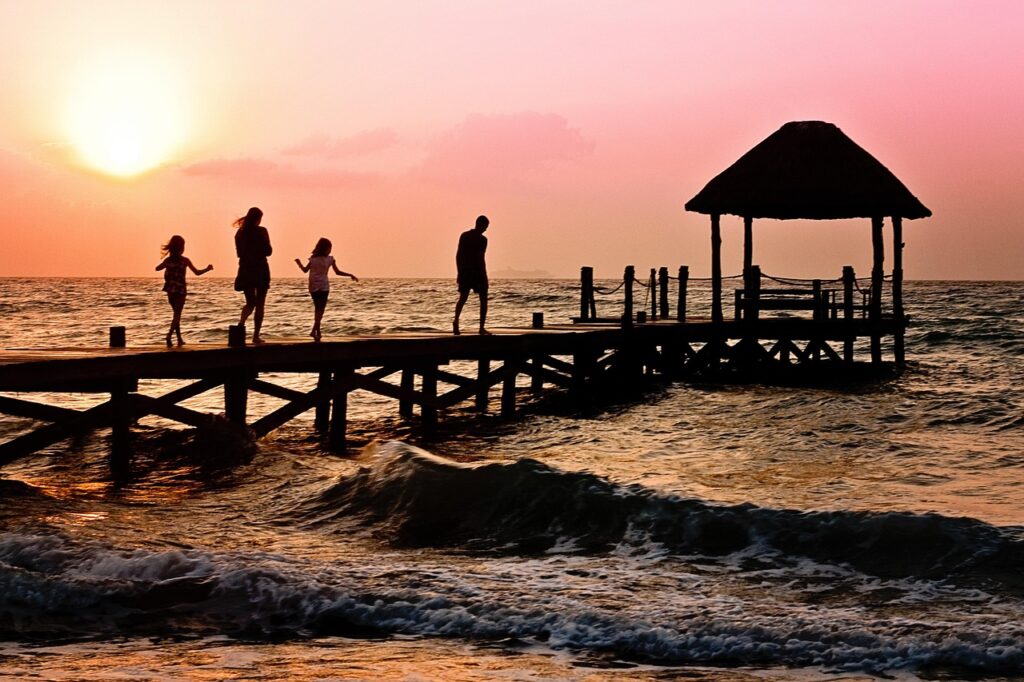 family, children, woman, man, happy, ocean, holiday, pier, silhouette, sunrise, beach, dock, brown beach, nature, brown happy, brown sea, brown sunrise, brown ocean, brown happiness